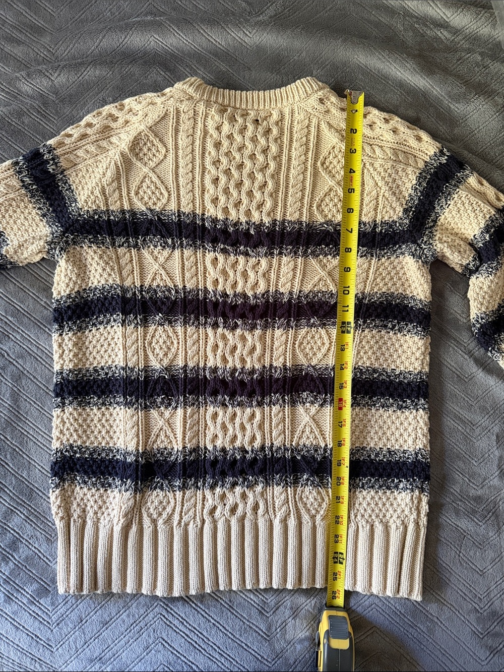 L.L. Bean Signature Cotton Fisherman Cable Knit Sweater Cream Navy Stripe Large - Picture 9 of 12